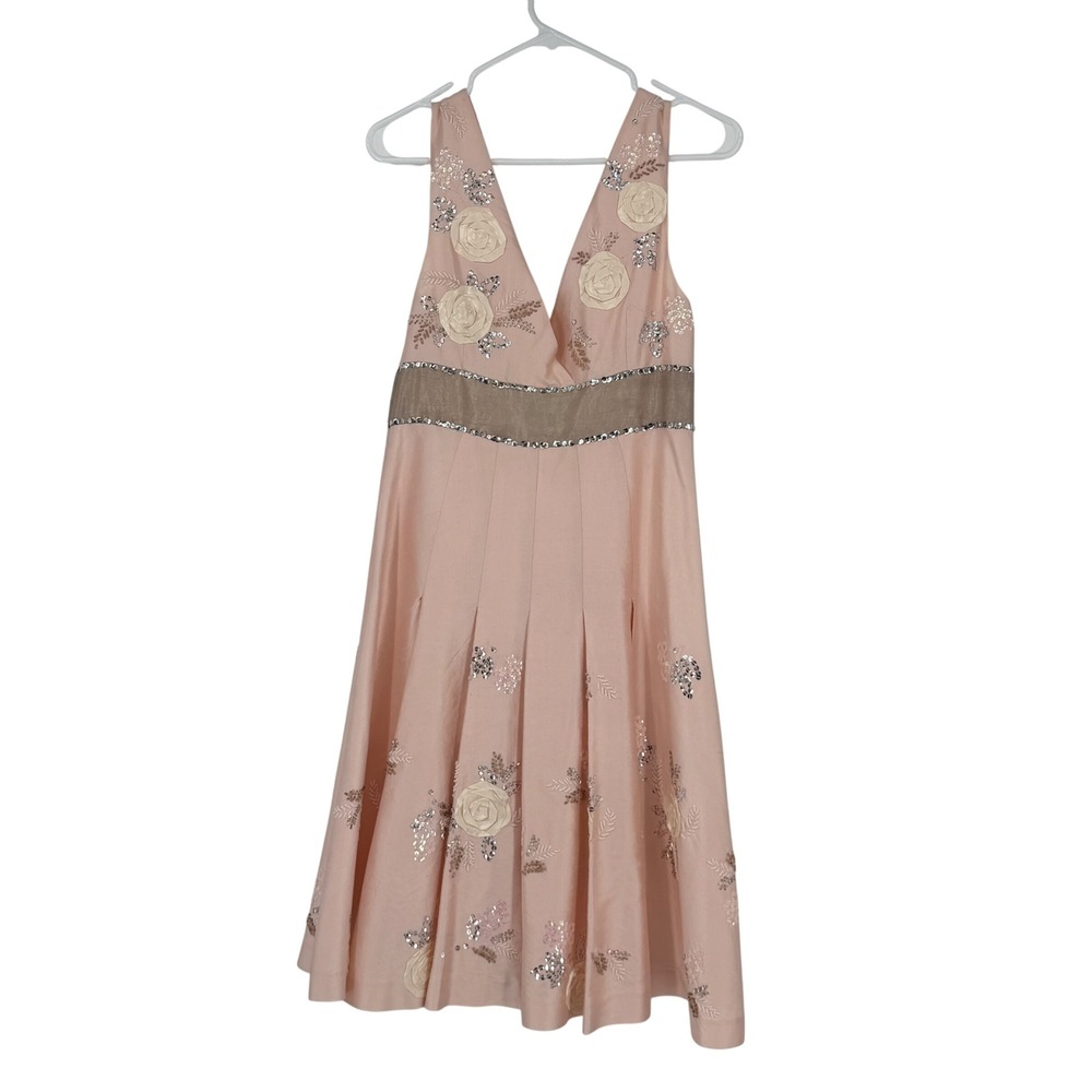 Tibi‎ Pink 100% Silk Floral Sequin Beaded V-Neck Cocktail Dress Size 8